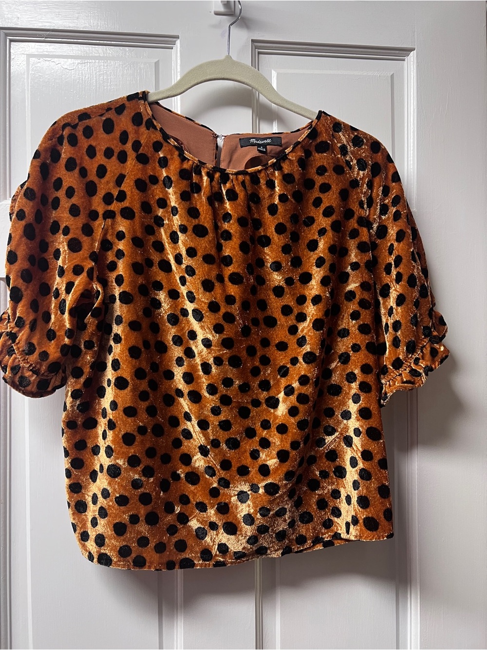 Madewell Rust Velvet Polka Dot Puff Sleeve Blouse